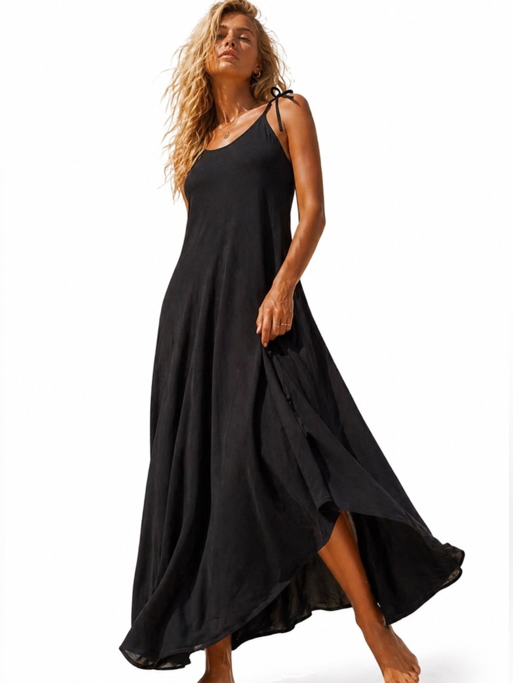 Boho Maxi Dress S/M Organic Viscose Cotton Black Tie Strap Flowy Relaxed Fit